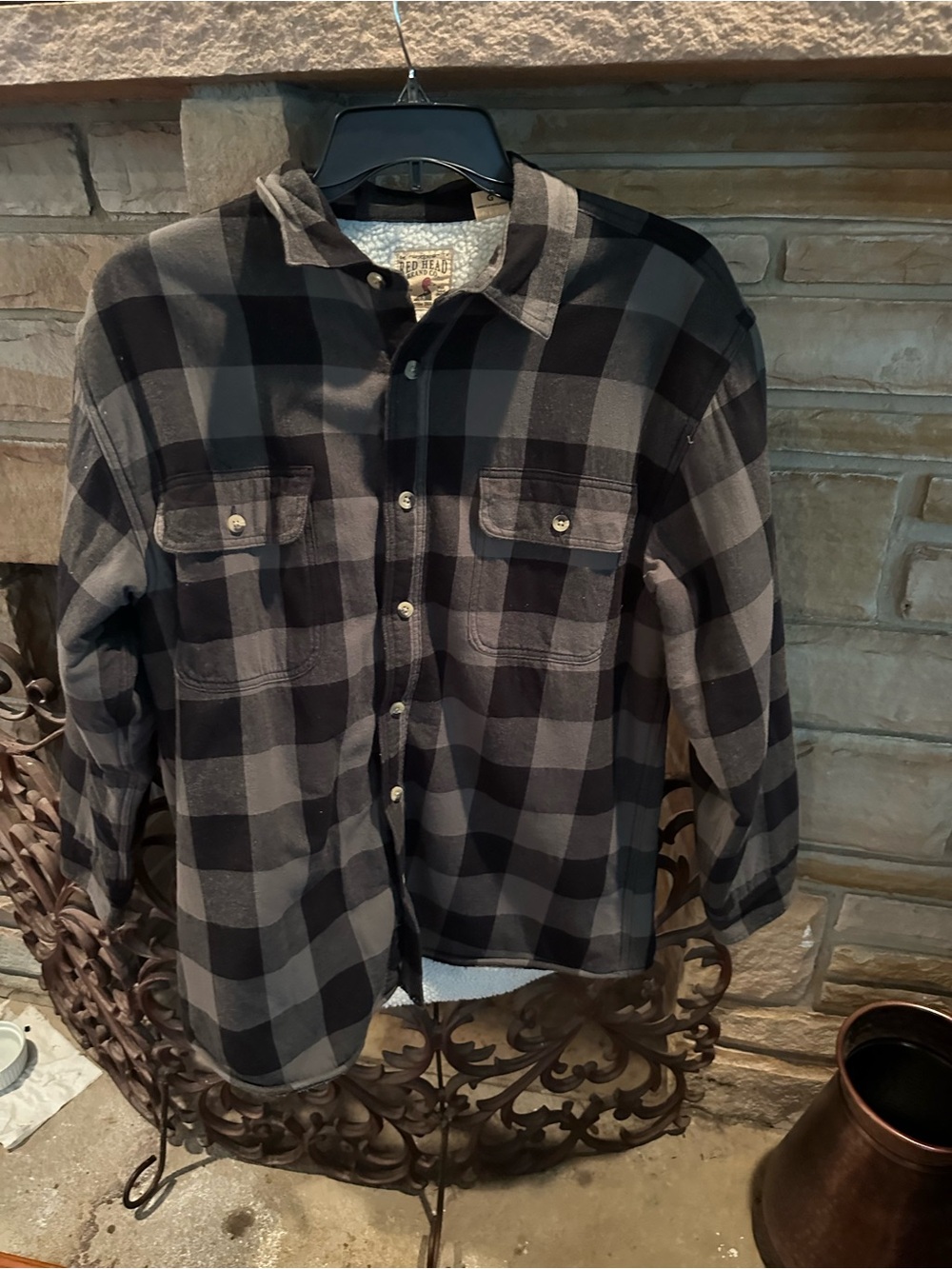 Red Head Brand Co. black and gray plaid sherpa lined flannel shirt in size L